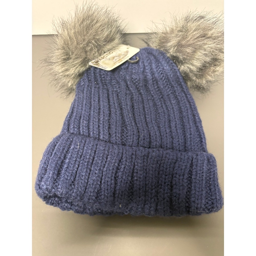 Arctic Paw Navy Blue Knit Beanie Double Pom Pom Faux‎ Fur Lined
